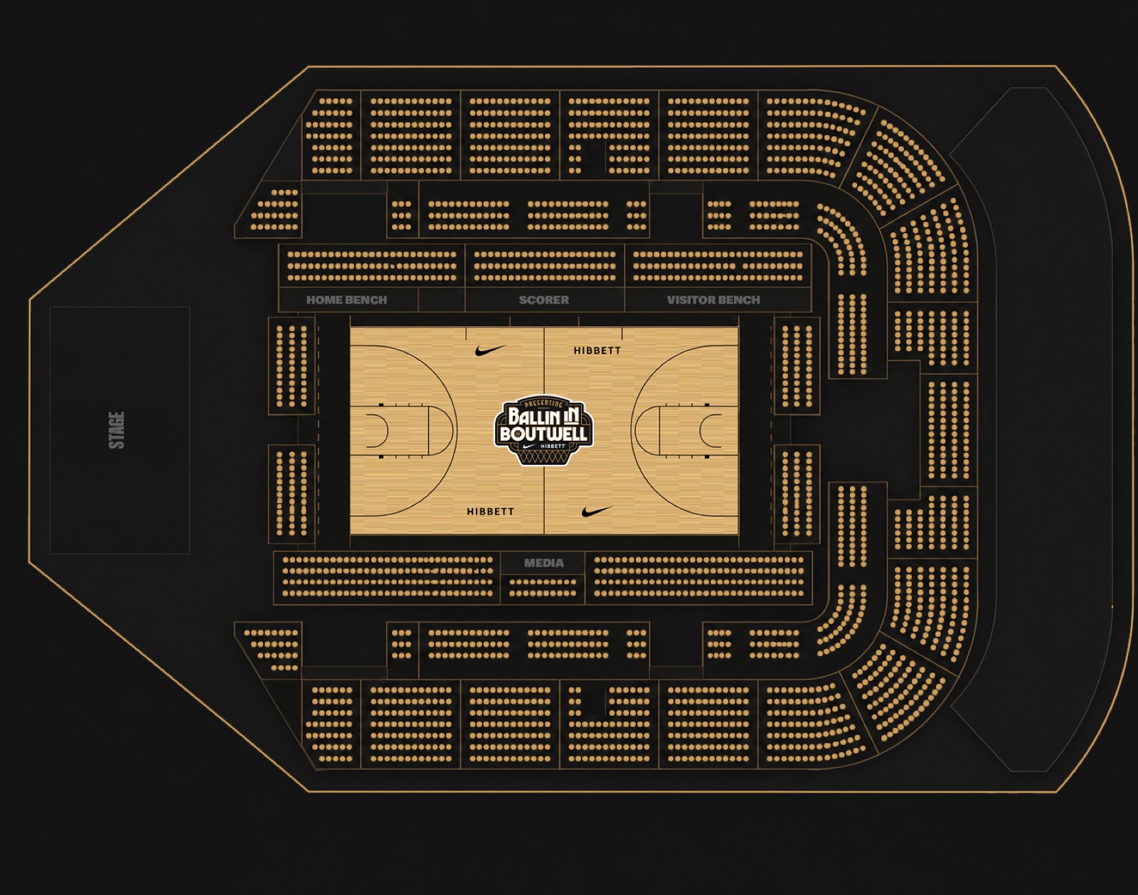 Boutwell Auditorium seating chart - the branded court centered, seating wrapping all four sides, stage at one end.